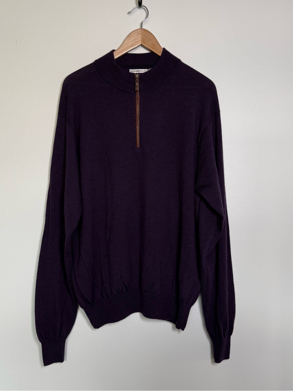 Peter Millar Sweater Mens Sz XL Purple 1/4 Zip 100% Merino Wool Preppy Office